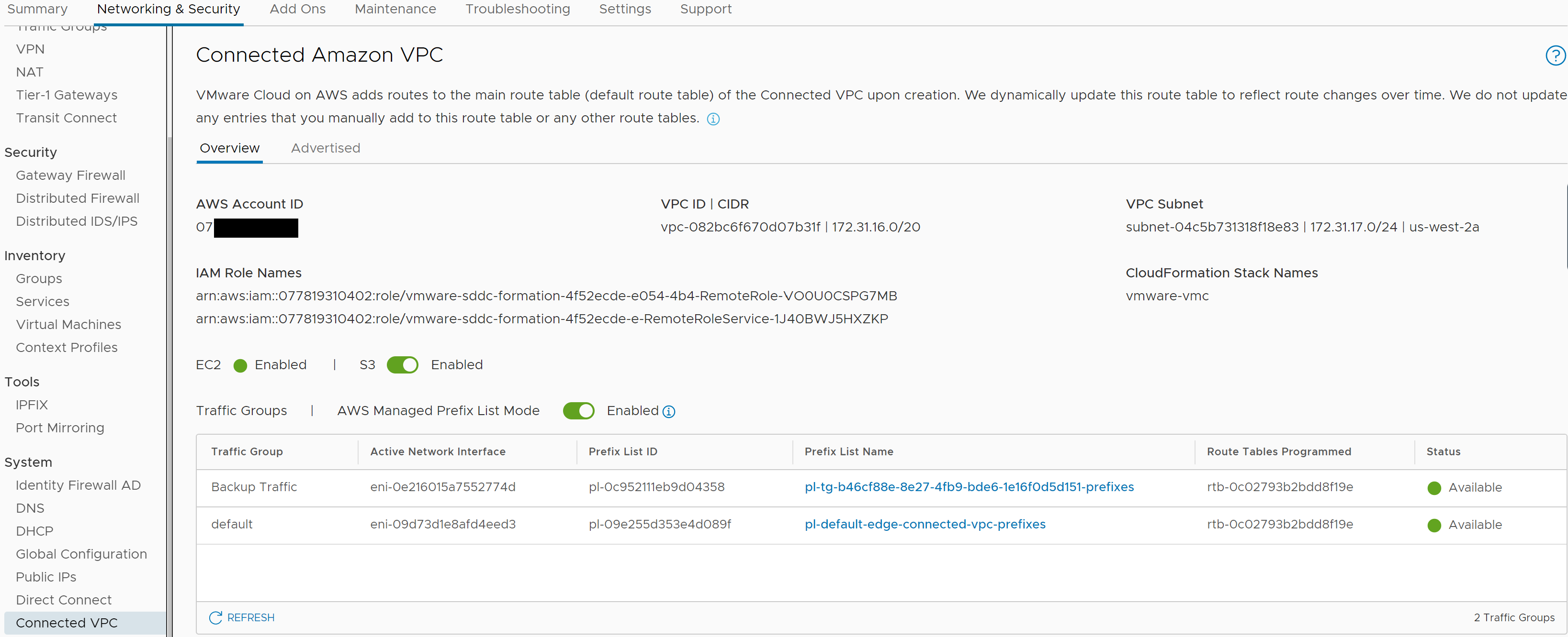 Understanding Managed Prefix List Mode for Connected VPC in VMC on AWS